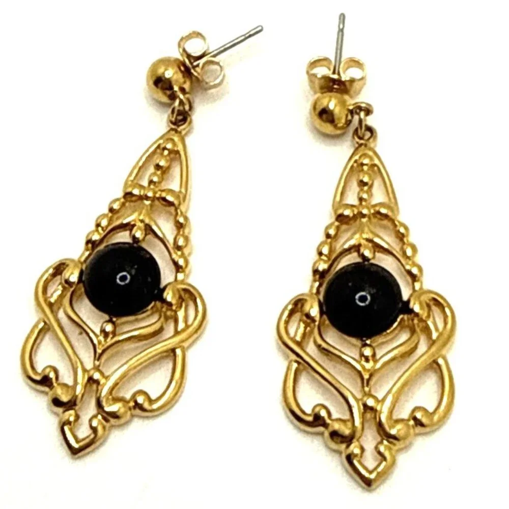 Vintage AVON 1991 GENTLE DRAMA Earrings Gold Tone Black Accent Victorian Style
